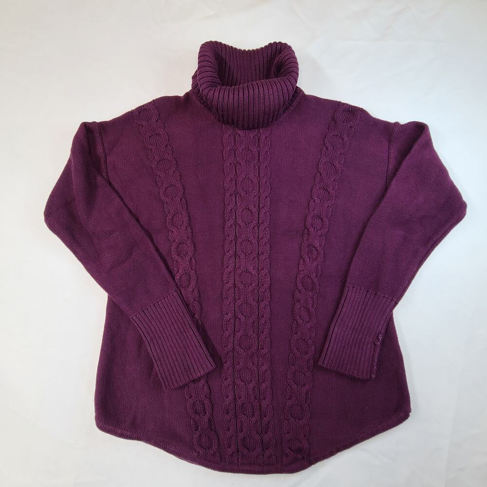 L.L Bean Purple Cable Knit Turtleneck Sweater Cotton Scoop Hem Fisherman Large